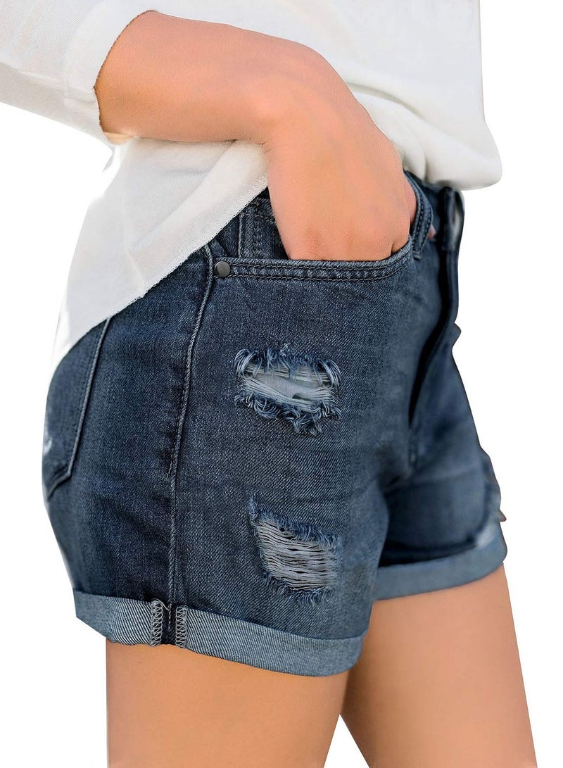 luvamia Women's Casual Stretchy High Waisted Cuffed Hem Denim Jean Shorts Dressy Shorts for Women Blue Jeans Shorts for Women Charleston Boom Blue Size Large - Image 3